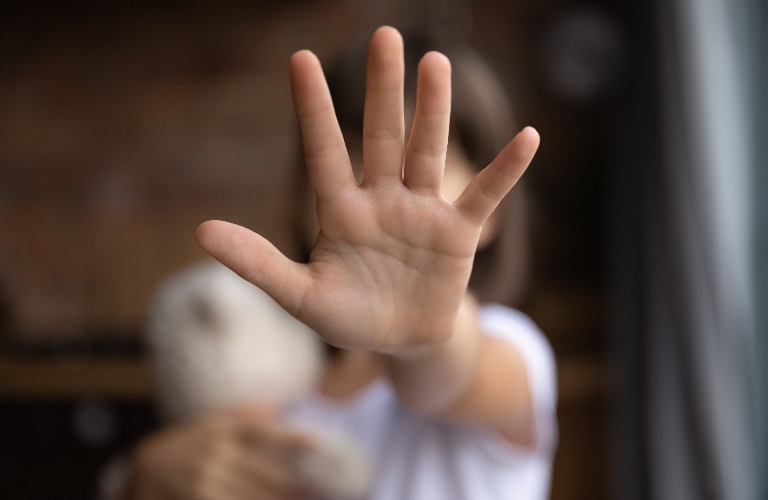 little girl child stretch hand show no gesture protest against domestic violence